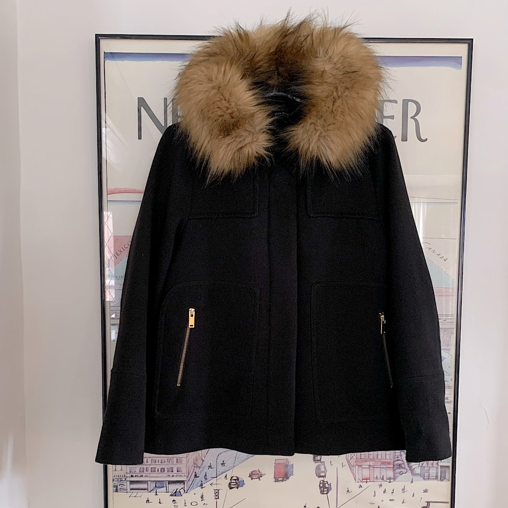 Zara black ‘wool’ jkt with brown faux fur hood (removable) gold zips size L